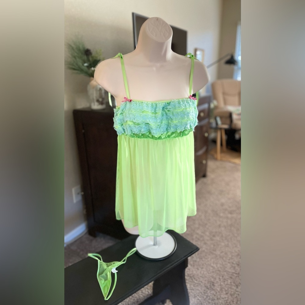 Fredricks of Hollywood green & teal blue baby doll lingerie & matching panty